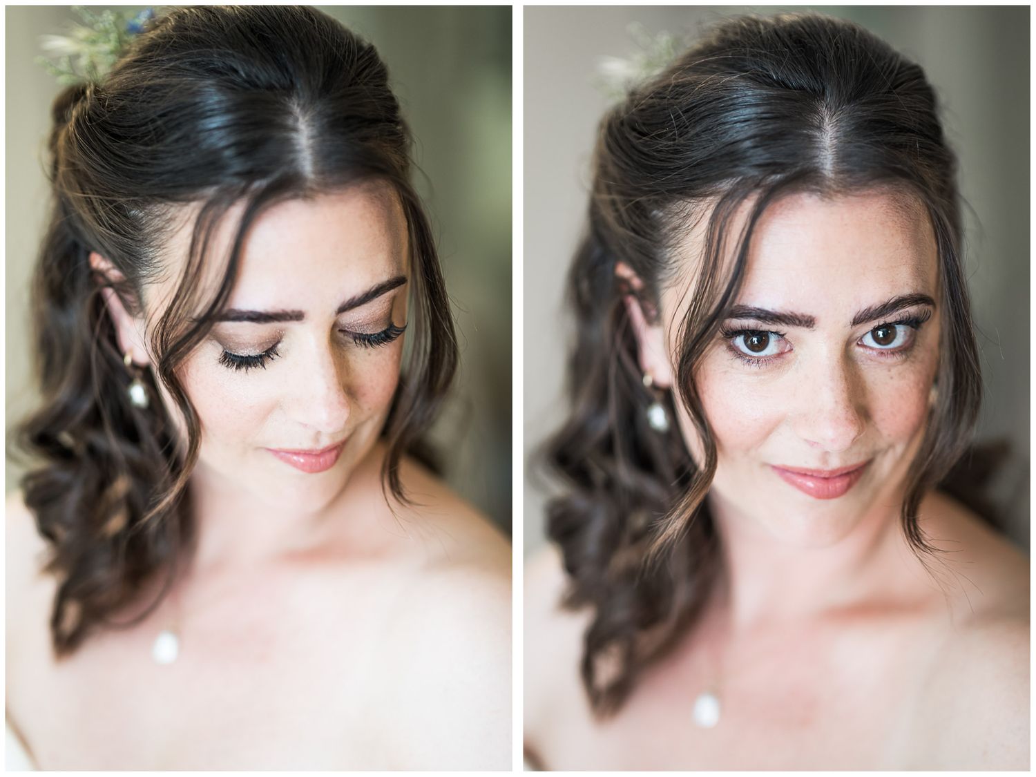 Elegant bridal portrait featuring a woman with dark curly hair, pearl earrings, and soft wedding makeup in a side-by-side comparison.