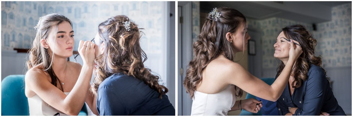 Wedding preparation moments captured in soft natural light through mirrors.