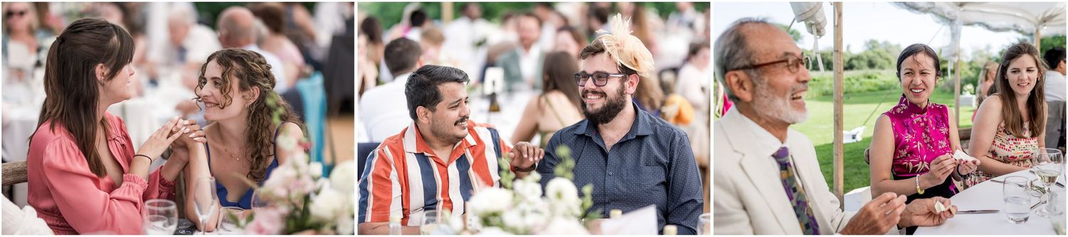 Candid shots of wedding guests enjoying conversation at outdoor reception tables.