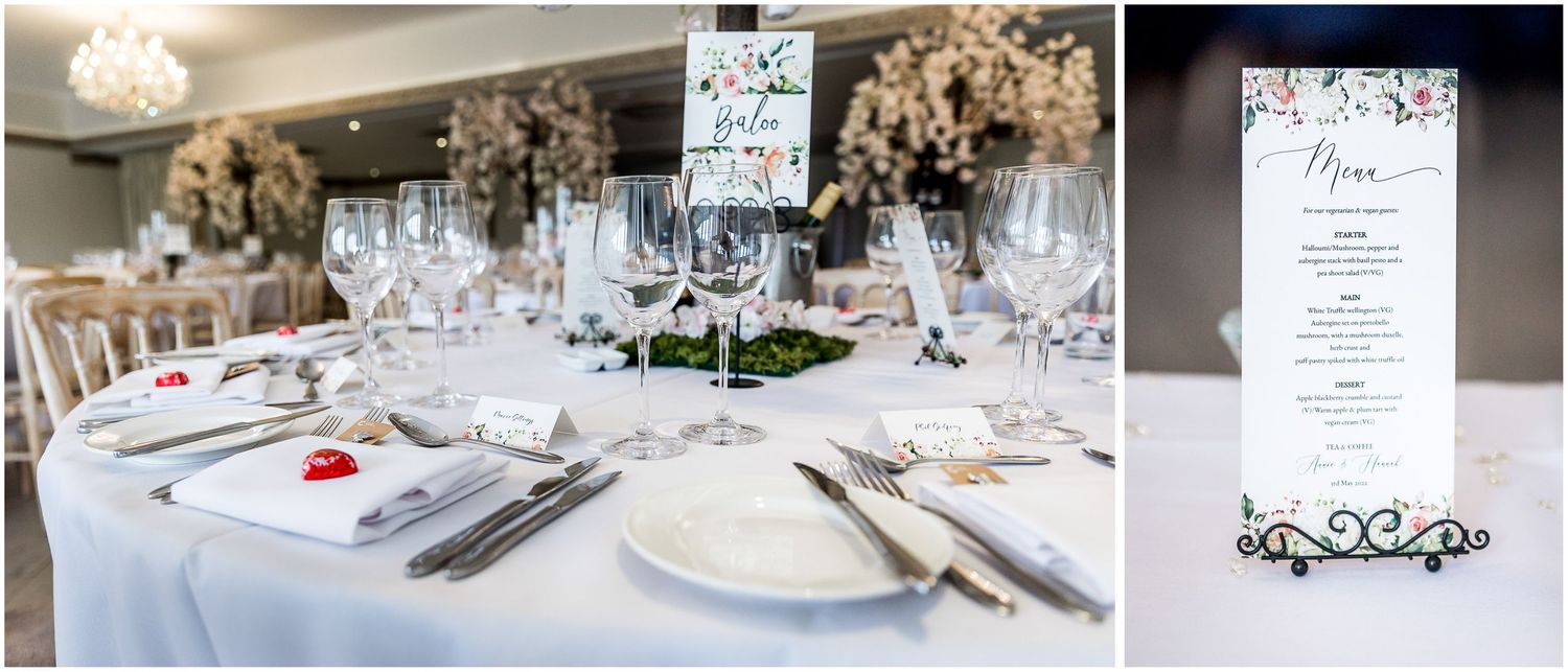 Elegant wedding reception tables set with crystal chandeliers and white decor.