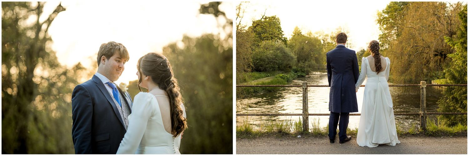 Romantic sunset wedding portraits by a tranquil lake.