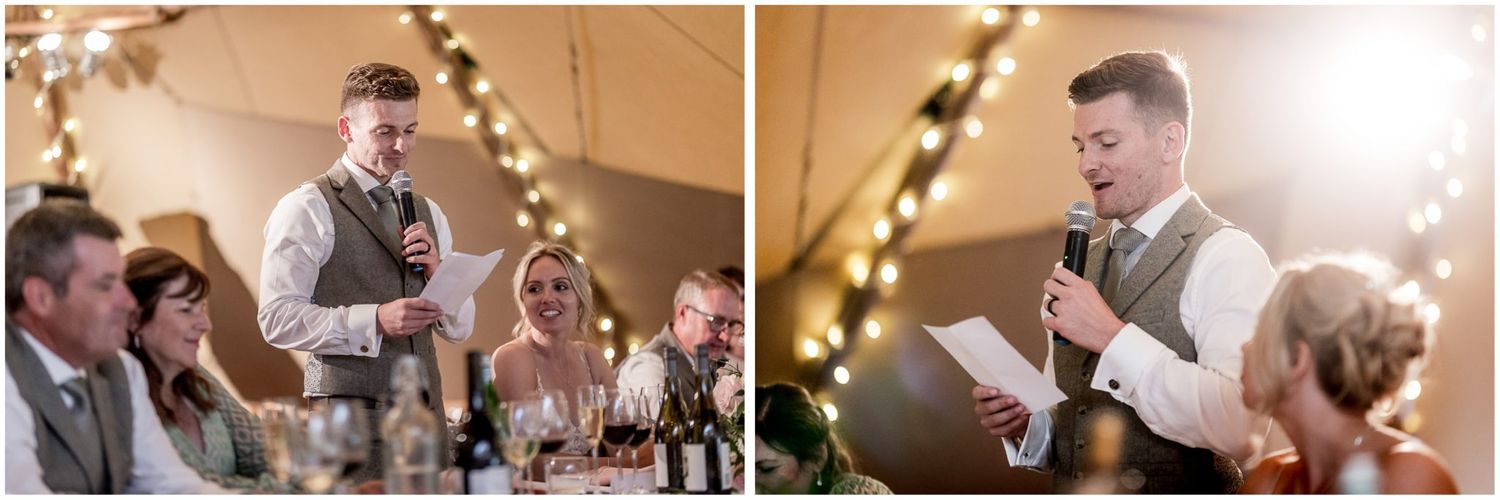Candid moments of celebration captured inside a warmly lit reception tent.