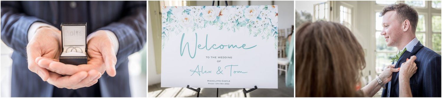 Wedding reception setup with welcome signs and decorative details in natural lighting.