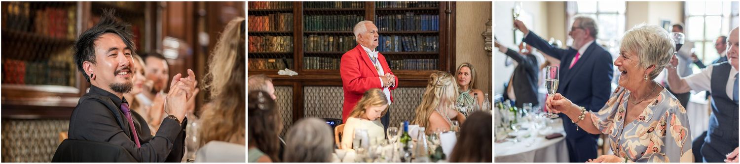 A collection of wedding celebration photos showing candid moments between couples and guests in various indoor settings.