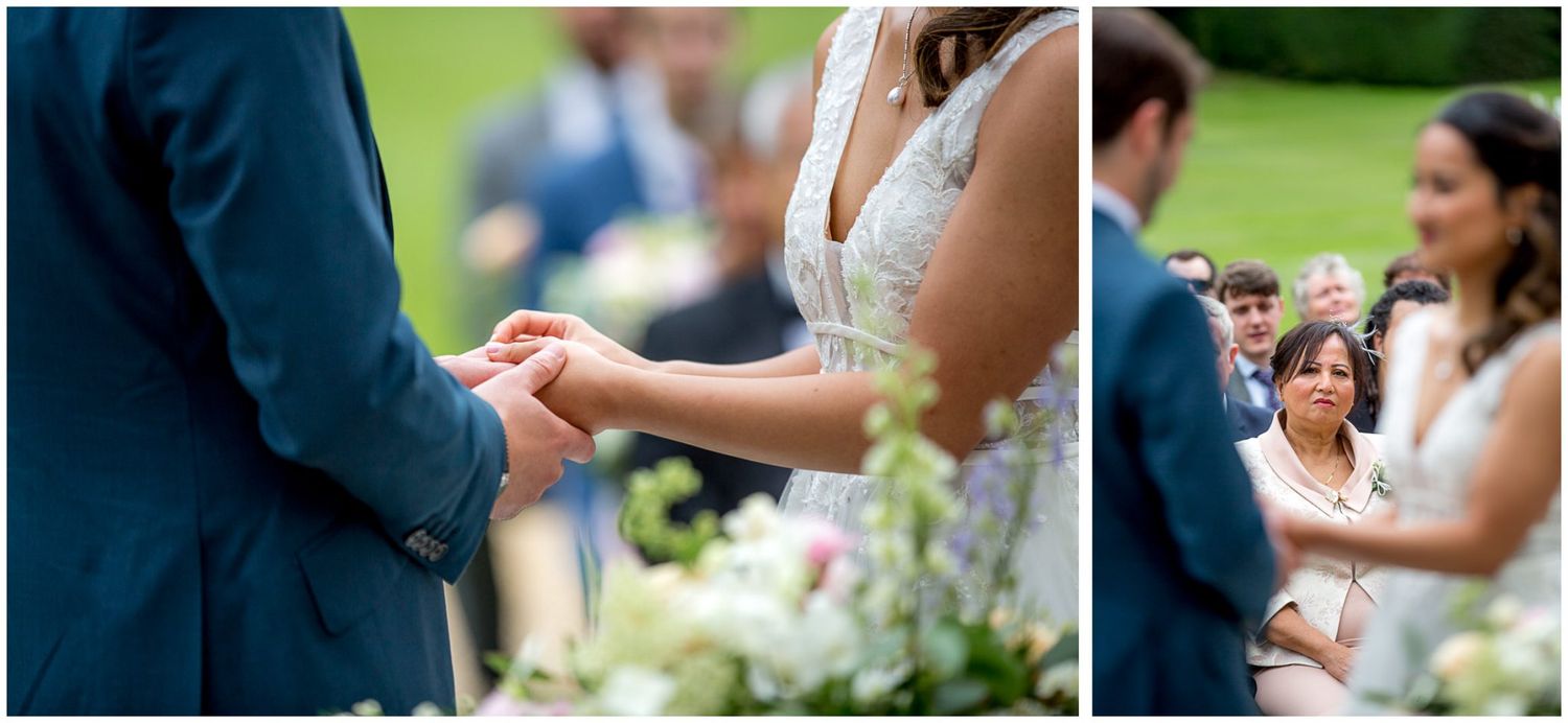 Elegant outdoor wedding ceremony setup with white chairs and floral decorations.