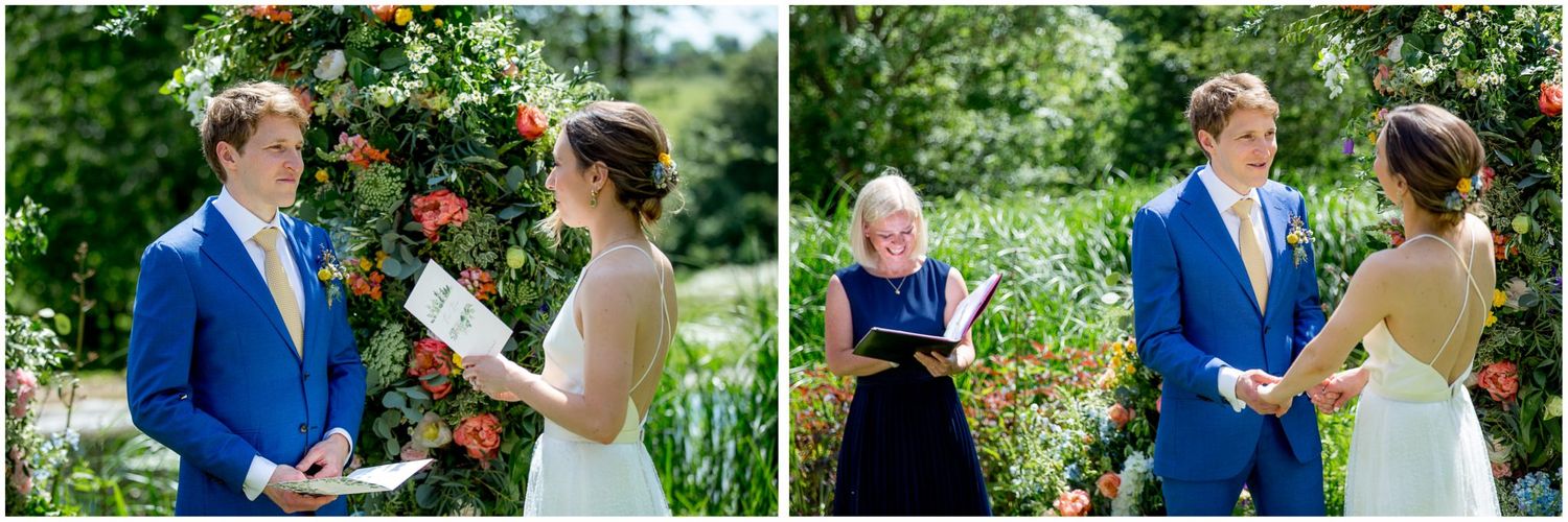 Wedding ceremony moments captured in a garden with blooming orange flowers and greenery.