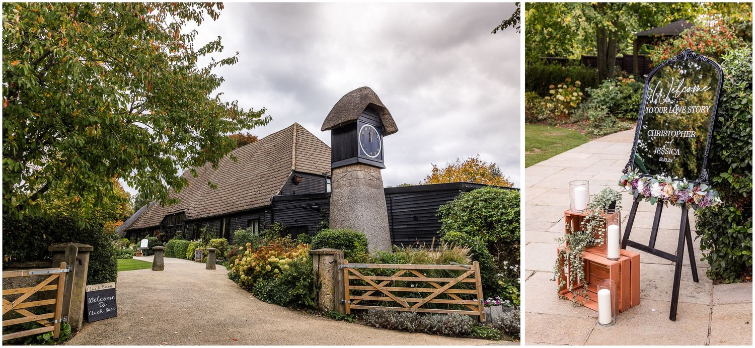 Exterior photograph of Clock Barn wedding venue in Hampshire with guest welcome sign detail