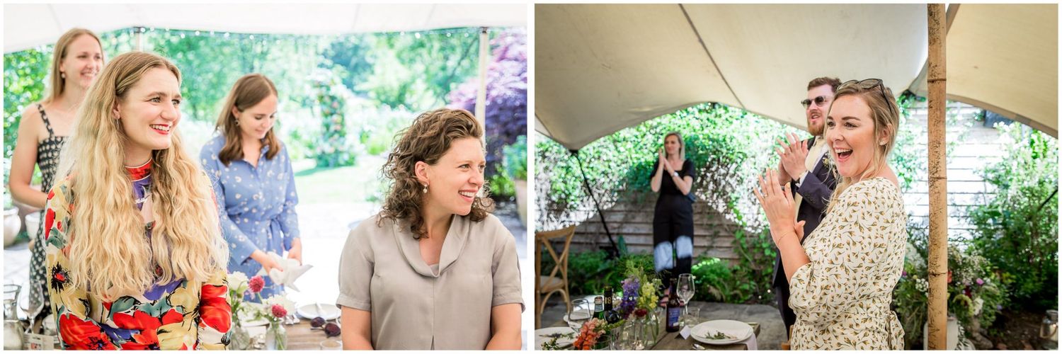 Garden wedding celebration with colorful floral arrangements and natural greenery backdrop.