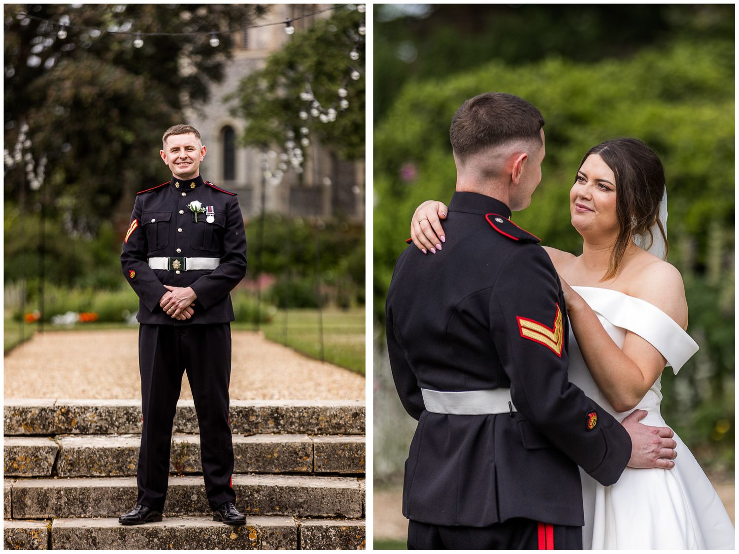 Military wedding photos showing a formal dress uniform and a romantic moment between newlyweds in the grounds of The Elvetham hotel.