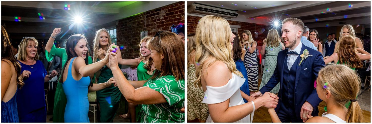 Energetic dance floor moments captured during a wedding reception celebration.