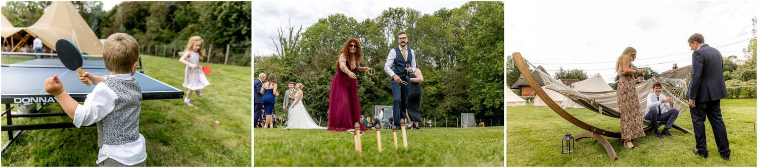 Guests participating in outdoor lawn games during a summer celebration.