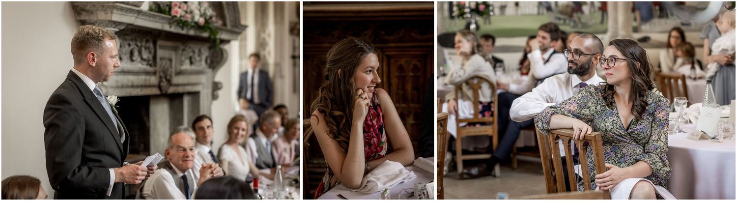 Wedding reception candid moments captured inside historic venue with warm lighting.