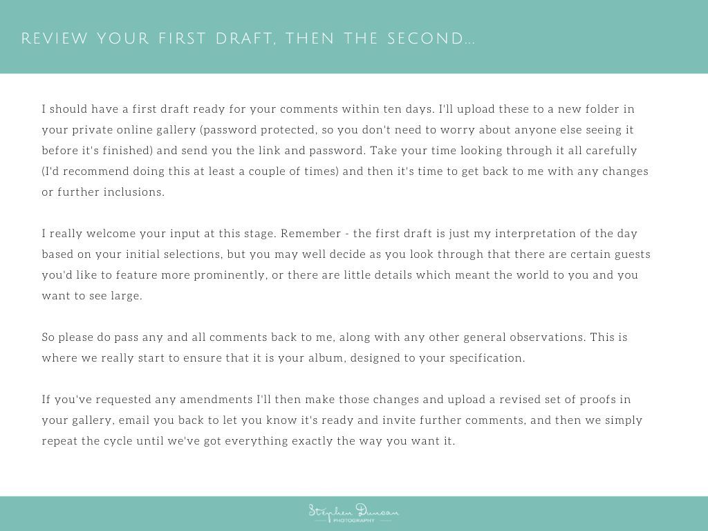 Teal colored website section displaying review and draft information with white text.