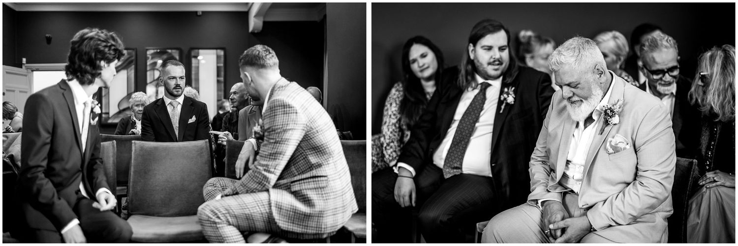Black and white photograph of groom and guests before the wedding ceremony begins.