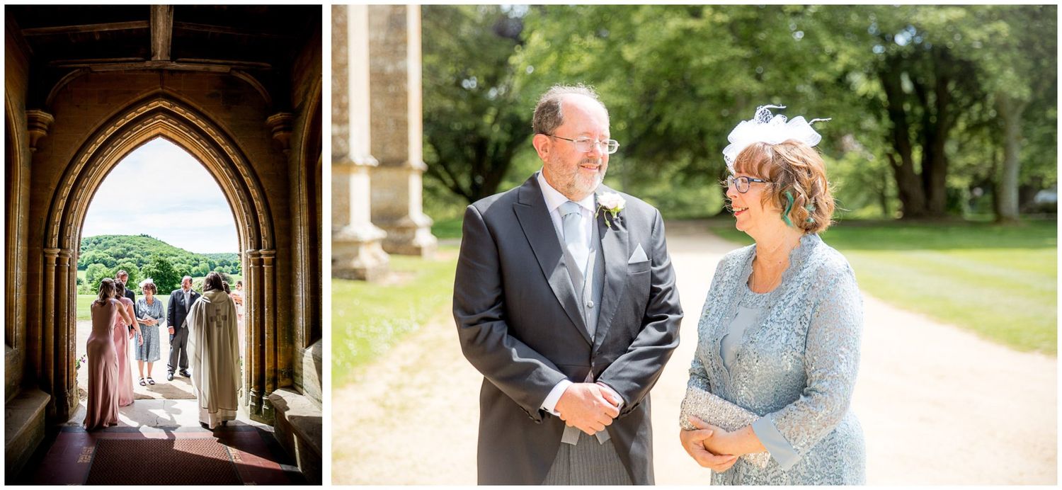 A series of wedding photographs showing candid moments between a couple in elegant formal attire at an outdoor venue.