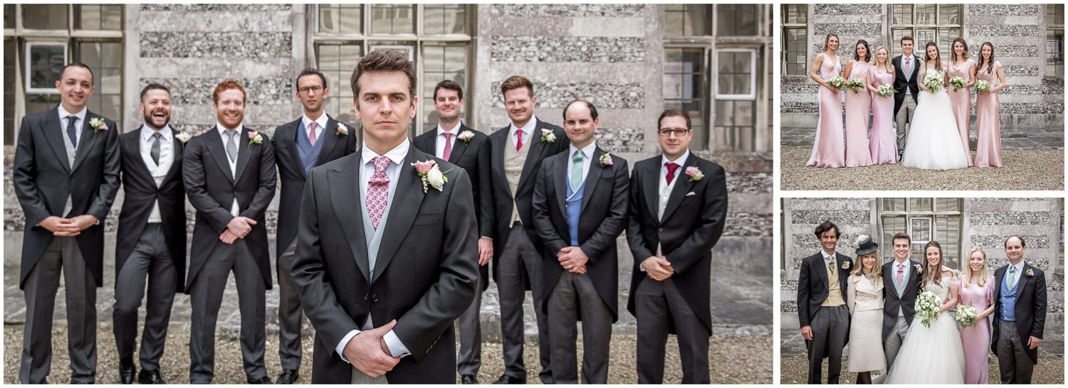 Wedding party group photos showing groomsmen and bridesmaids arranged in various poses against stone wall.