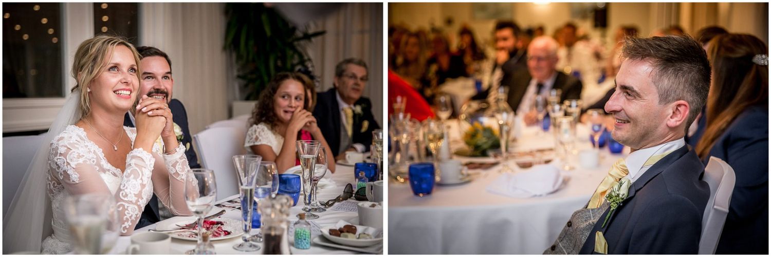 Wedding guests enjoy a lively reception celebration with dining, laughter and conversation at decorated tables.