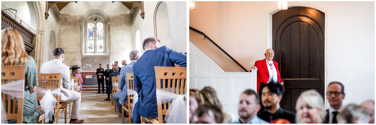 A collection of candid wedding photos showing guests and venue details in a bright indoor setting.