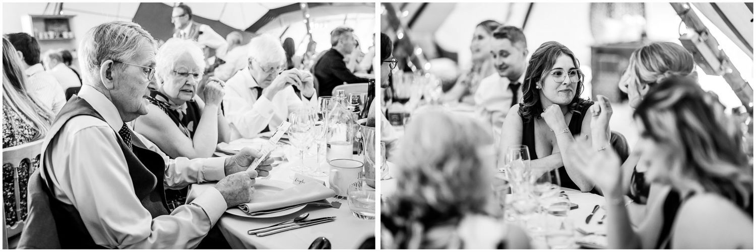 Black and white photos capturing candid reception moments between wedding guests.