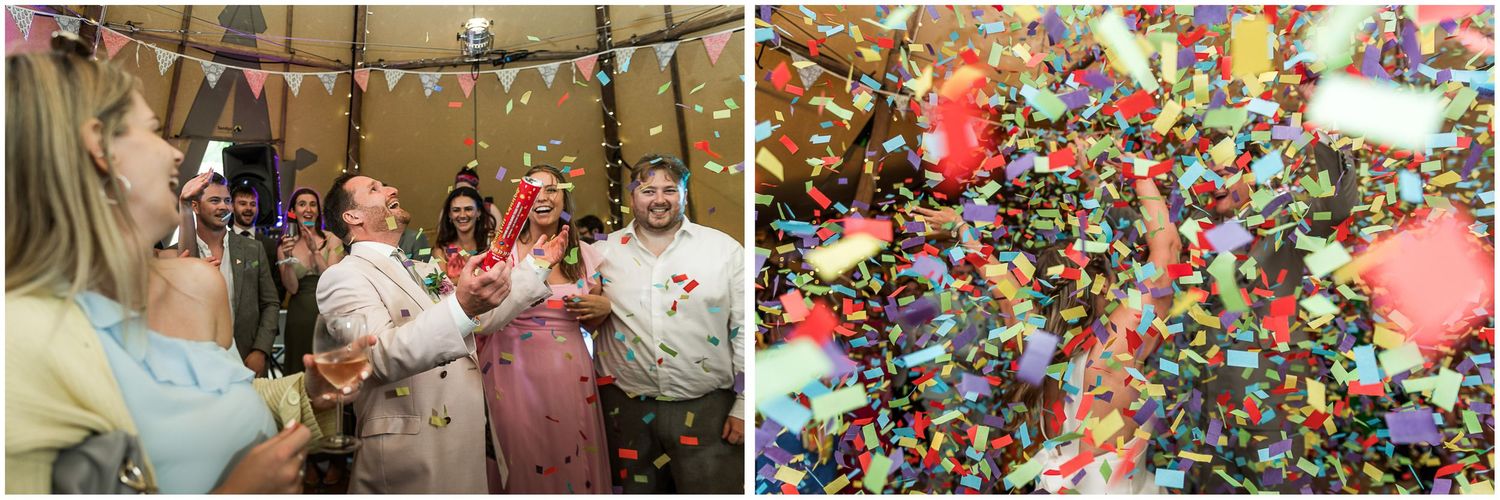 Colorful confetti fills the air as guests celebrate at a festive indoor wedding reception with vibrant decorations at the Holywell Estate