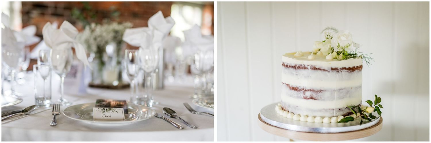 Elegant wedding reception table settings with white linens and classic dinnerware.