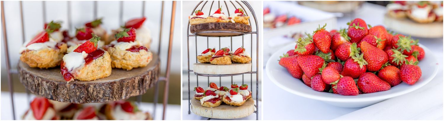 Elegant strawberry afternoon tea for a wedding drinks reception in the gardens of Walhampton School in the New Forest