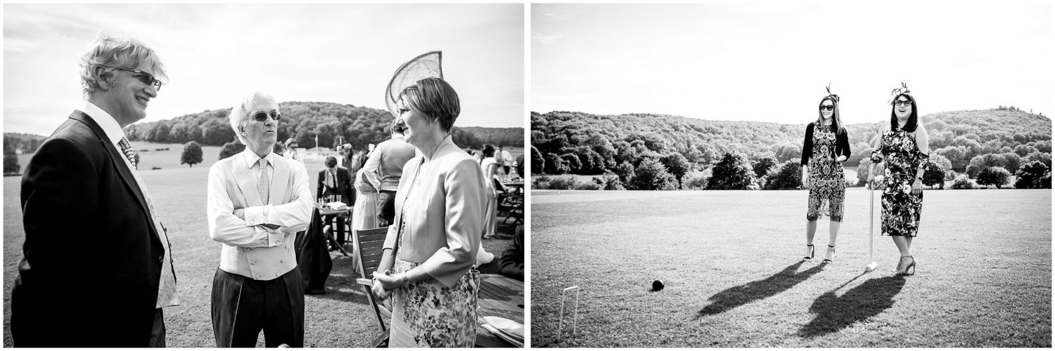 Black and white wedding photos showing guests chatting outdoors and a couple walking along a scenic path.