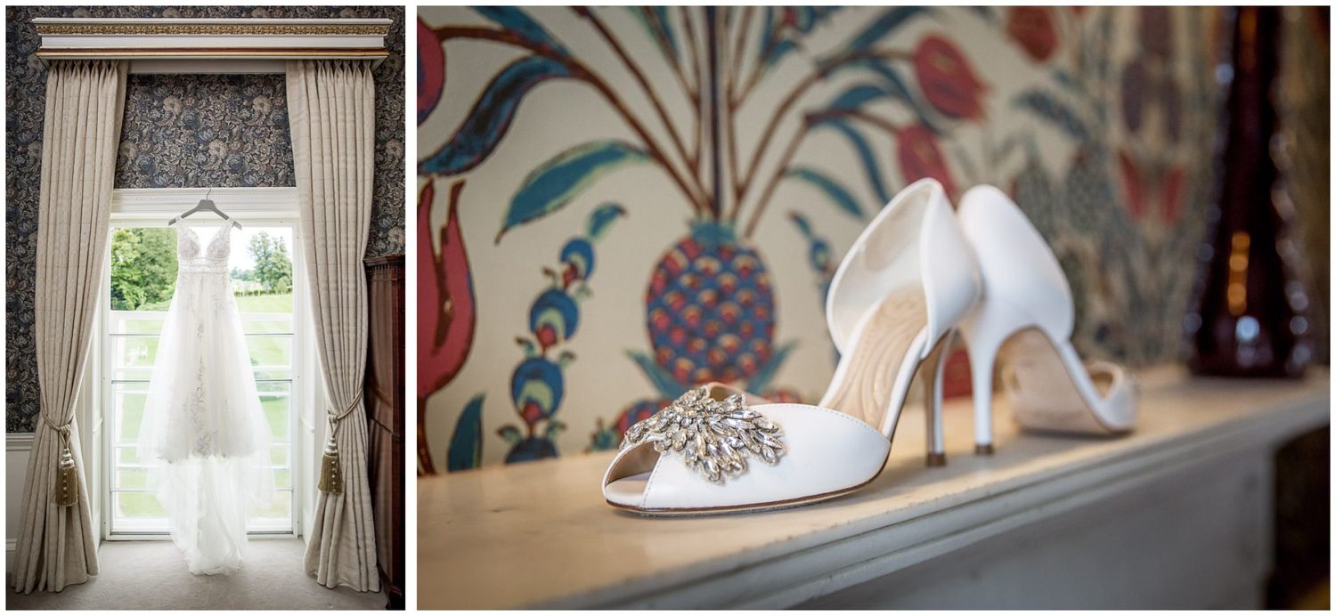 Elegant wedding venue details showing floral arrangements, decorative elements, and interior design touches.