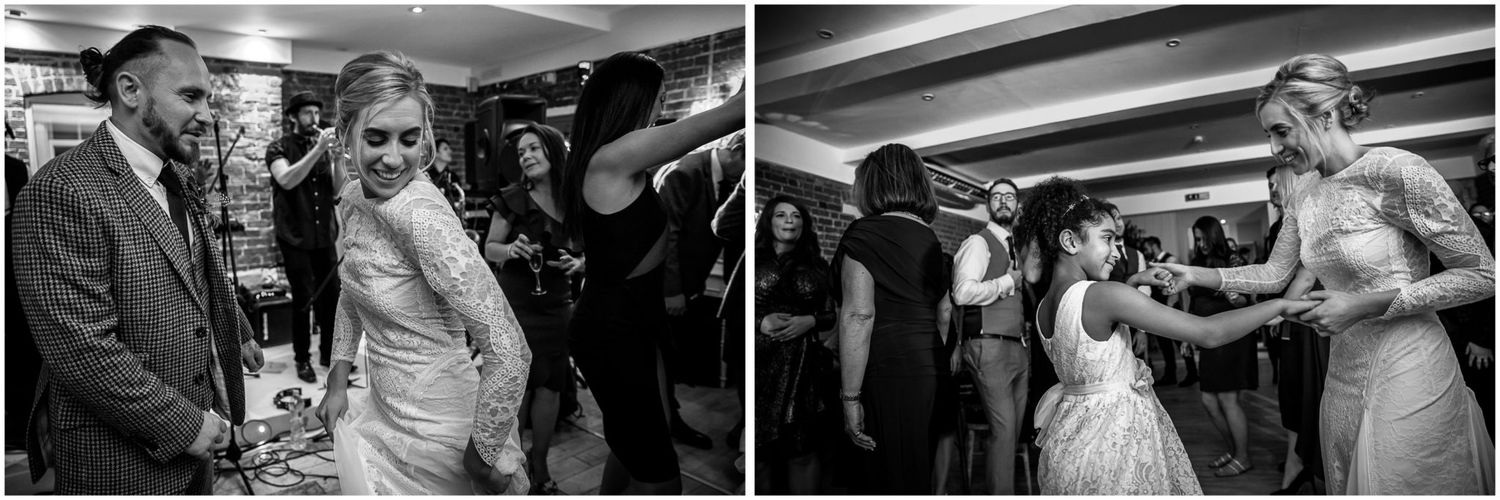 Black and white images of couples dancing at a wedding reception.