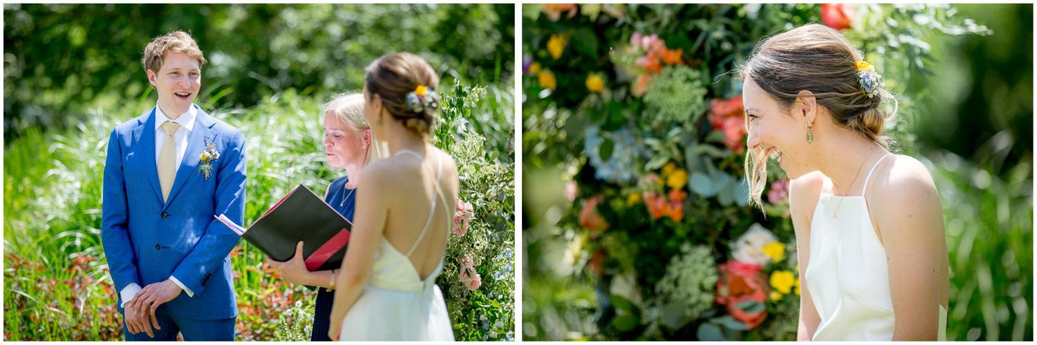 Intimate wedding ceremony moments captured in a blooming garden with orange flowers.