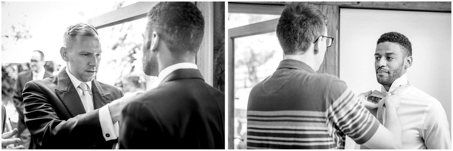 Black and white candid moments captured during wedding preparations.