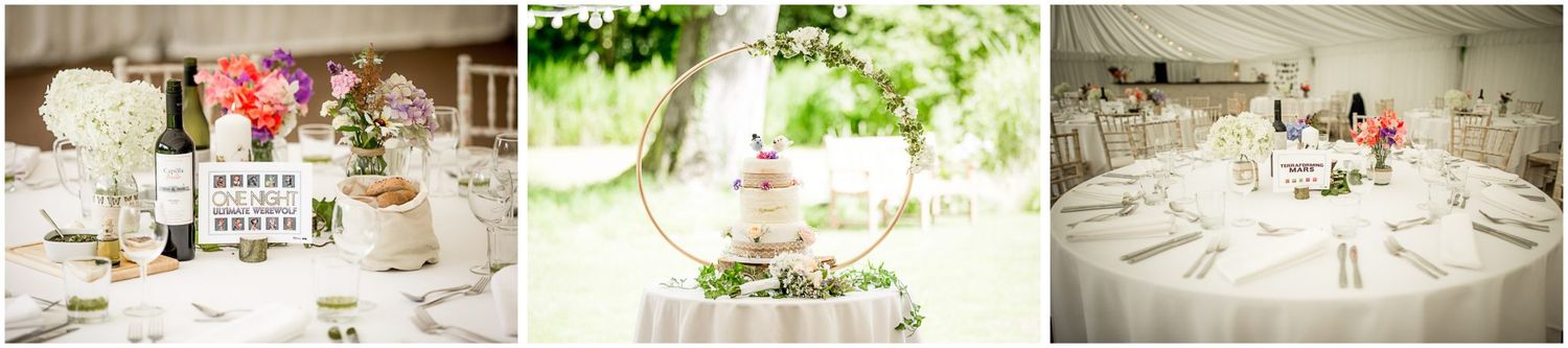 Elegant wedding reception tables set with white linens, floral centerpieces and crystal glassware in a banquet hall.