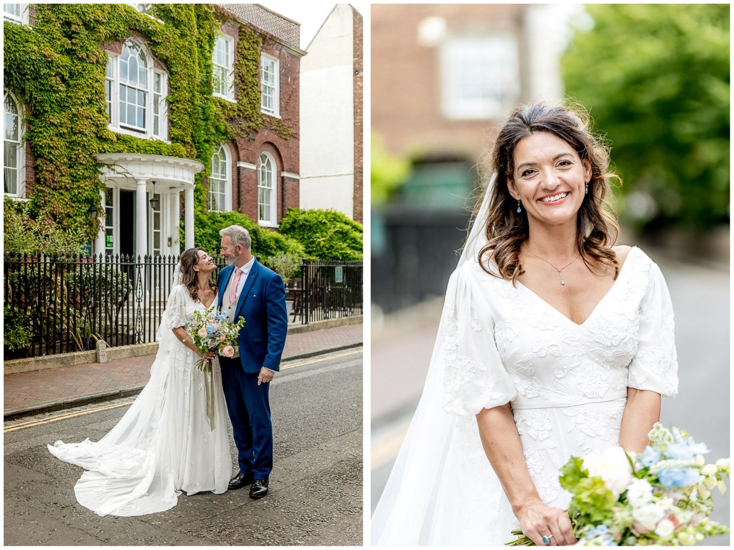 Wedding couple and bridal party photos taken outside historic brick building.