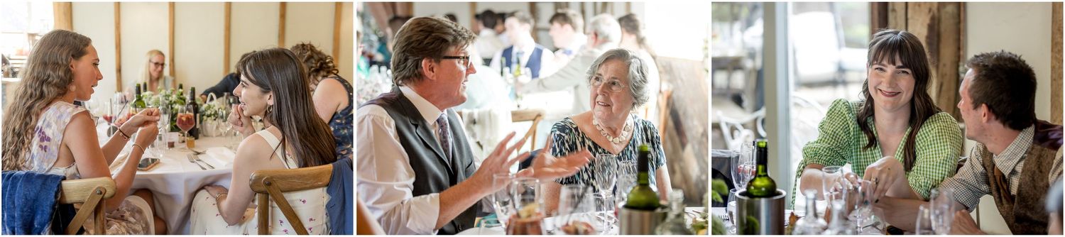 Candid moments of guests enjoying conversation during a wedding reception.