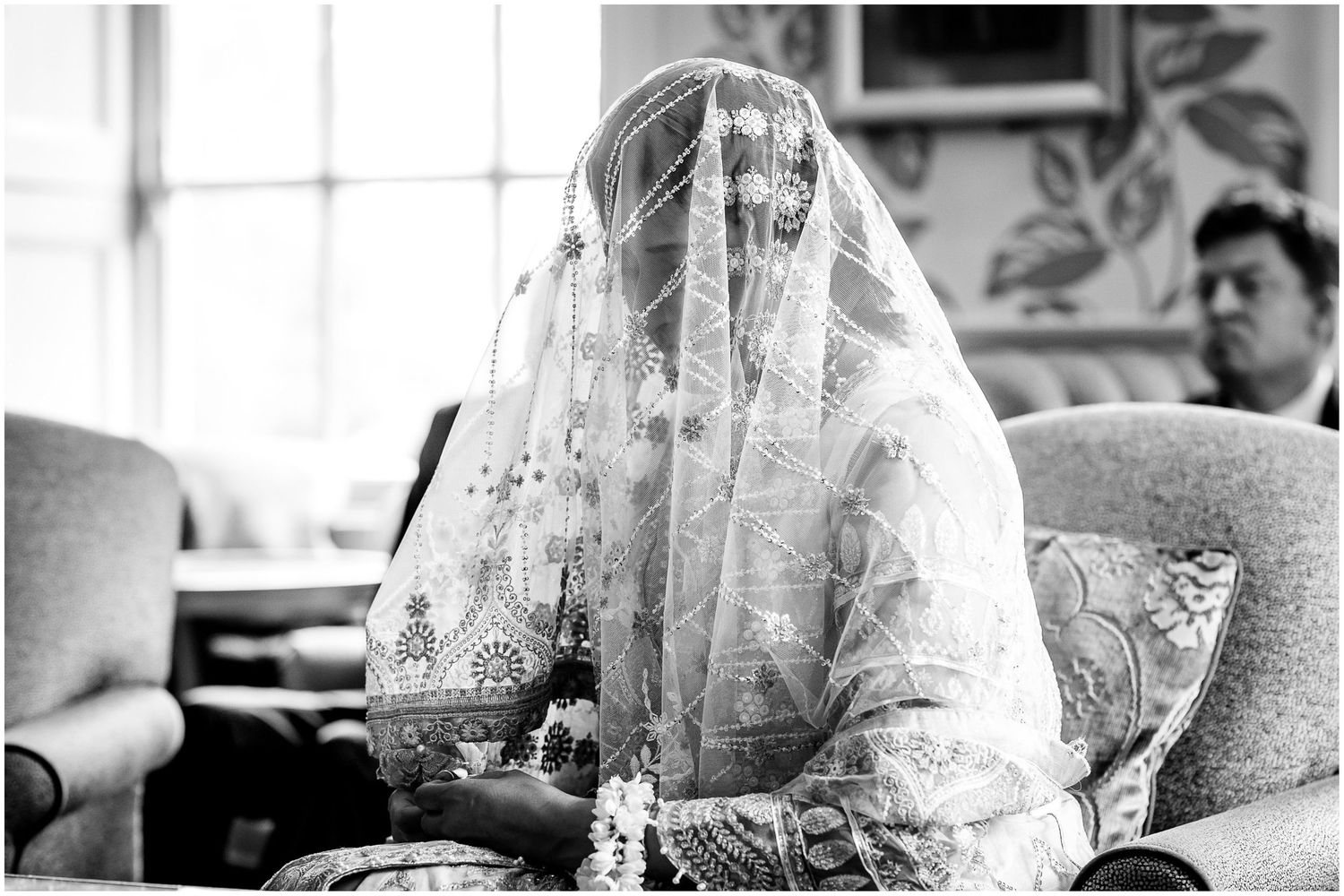 Collection of candid wedding moments photographed in natural light against floral wallpaper.