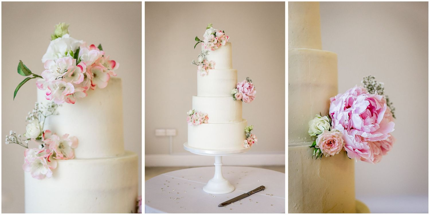 Elegant white wedding cake with pink floral decorations shown from three angles.