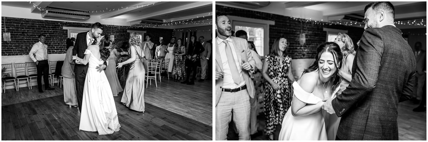 Black and white wedding reception photos showing couples sharing joyful first dances on a wooden dance floor.