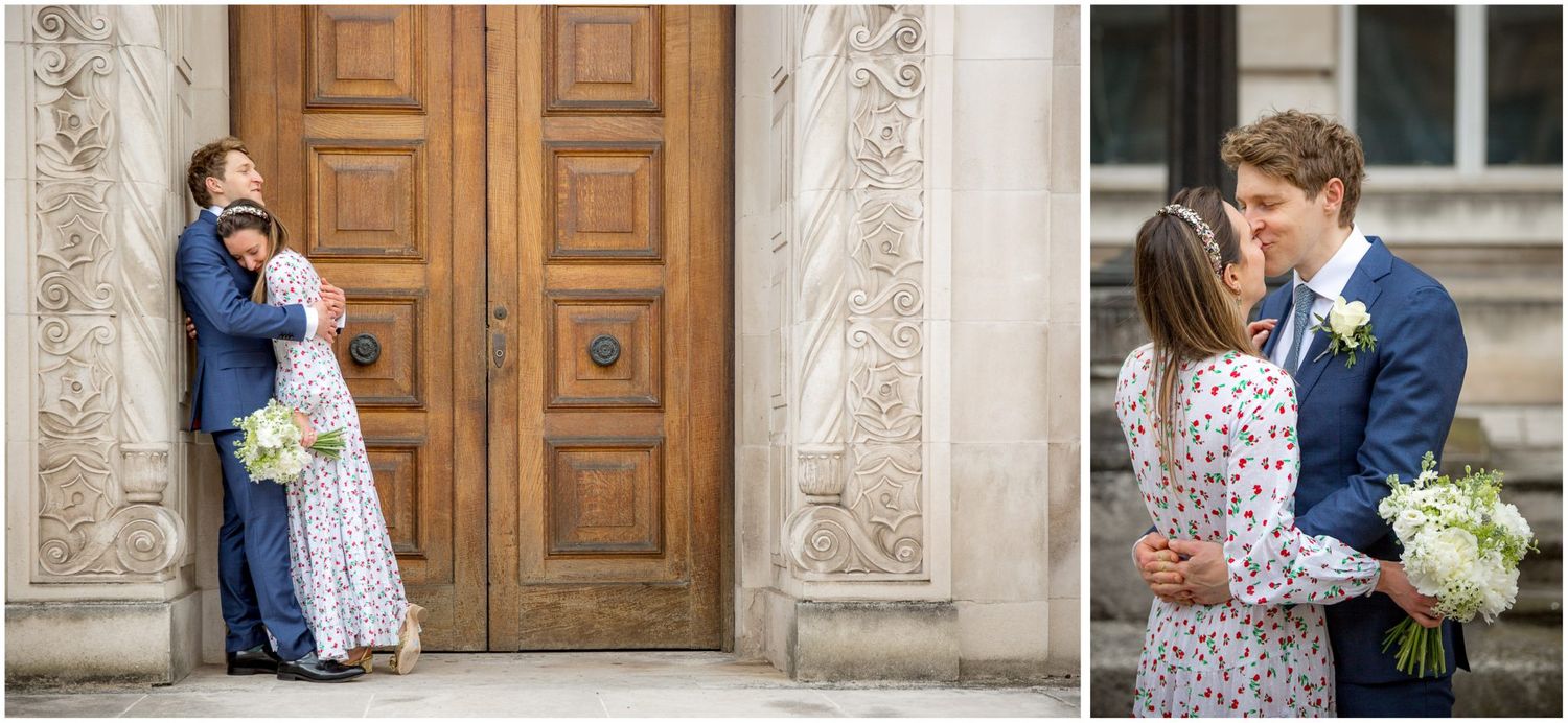 Romantic wedding moments photographed against classic architectural backdrop.