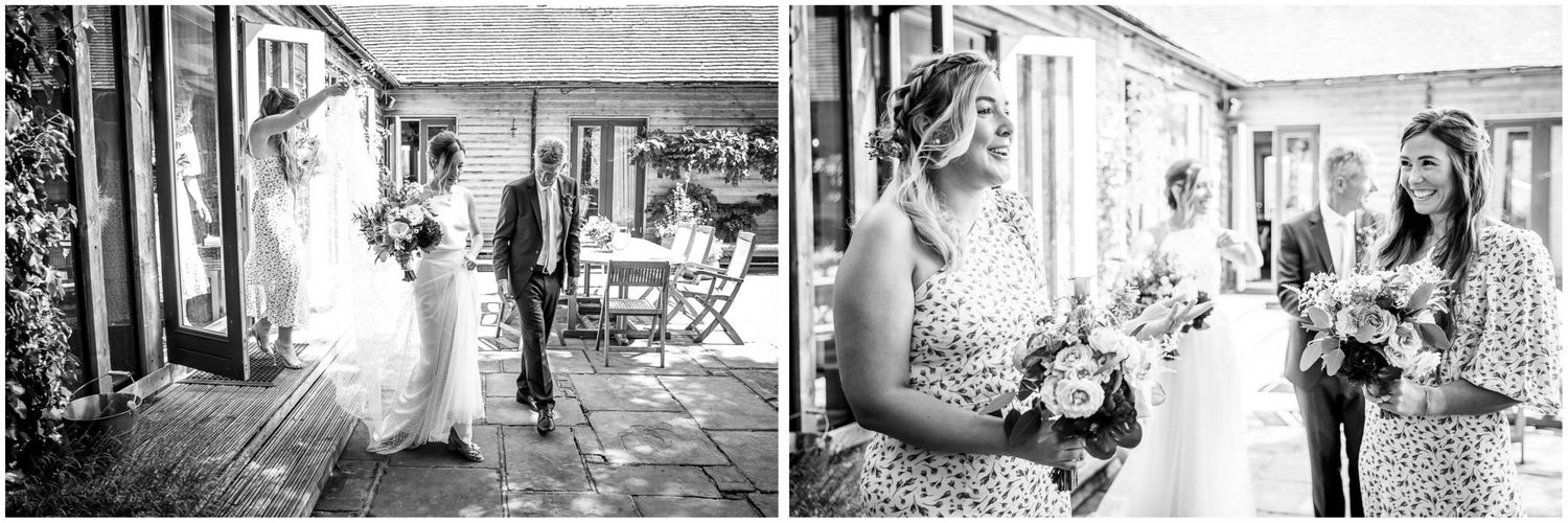 Black and white photos showing intimate moments during a garden wedding ceremony.