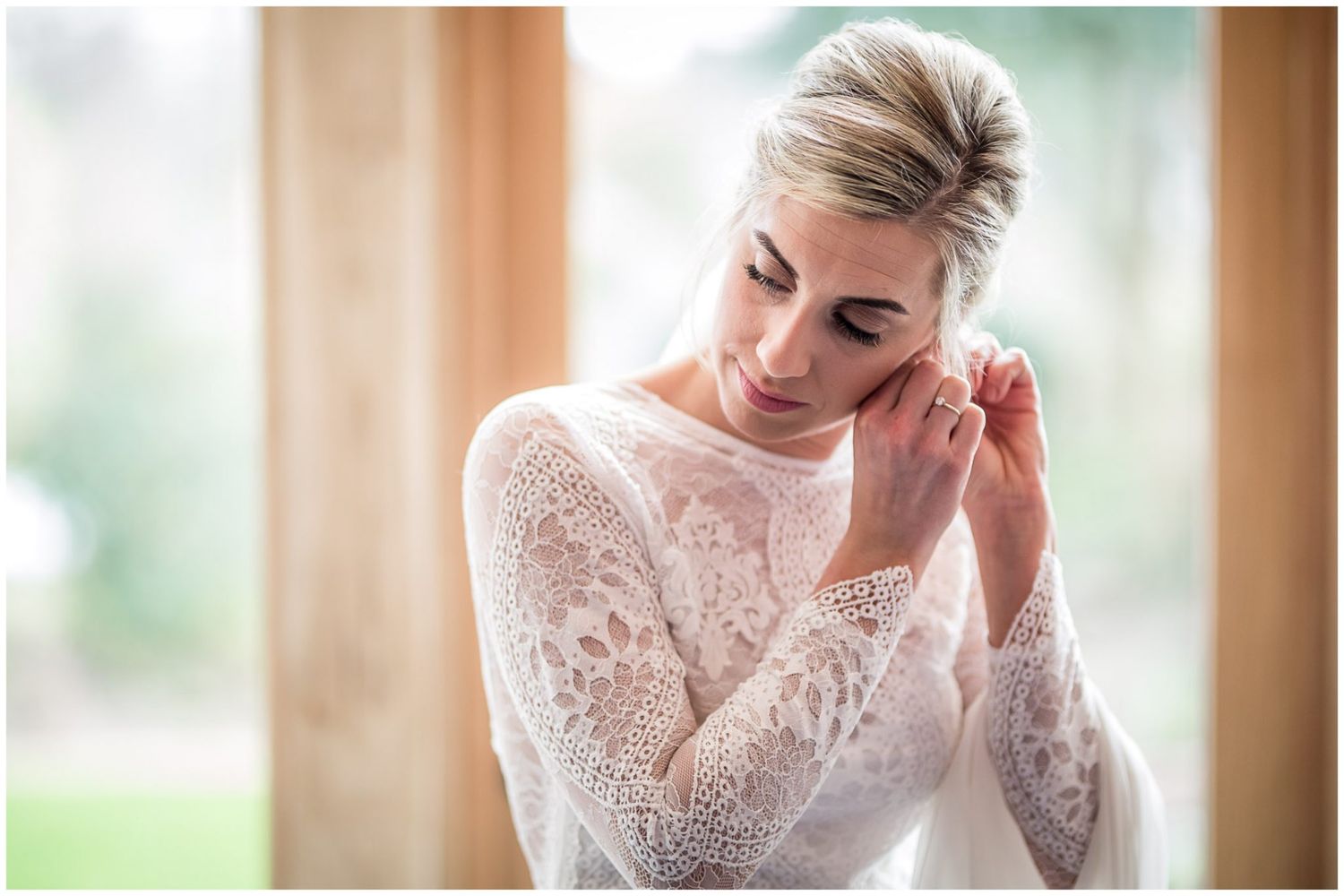 Close-up shots of delicate lace details and emotional moments during wedding preparations.