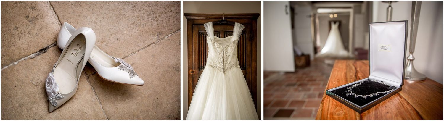 A collection of wedding detail shots showing rings, dress, invitations, and accessories arranged in a photo collage.