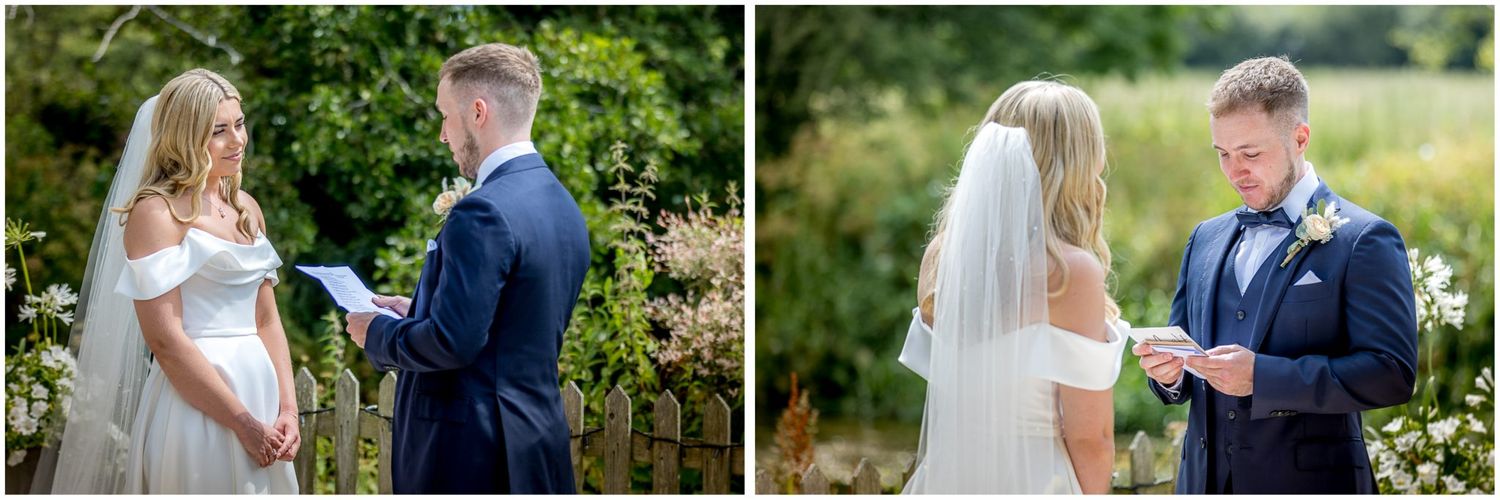Romantic outdoor wedding ceremony with couple exchanging vows under natural greenery.