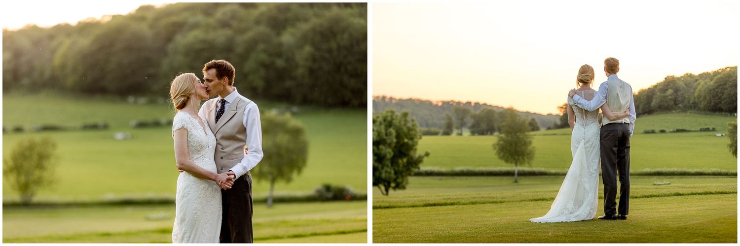 Sunset wedding portraits of couple in scenic countryside setting.