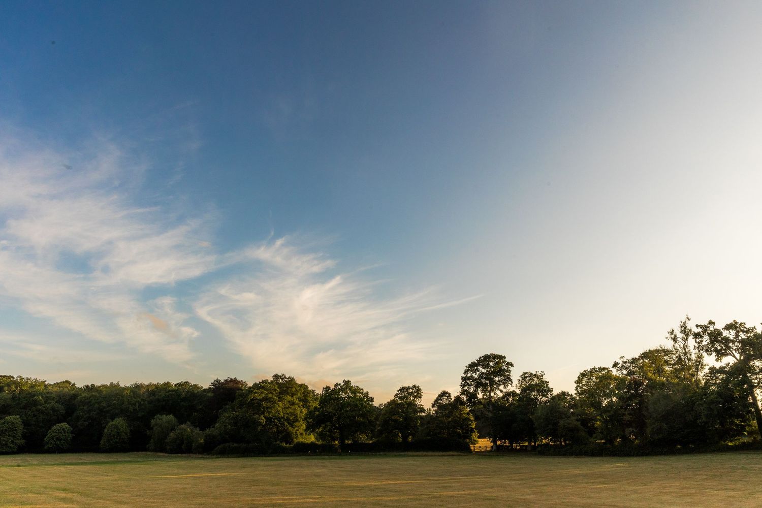 Panoramic view of a blue sky with wispy clouds over an open field.