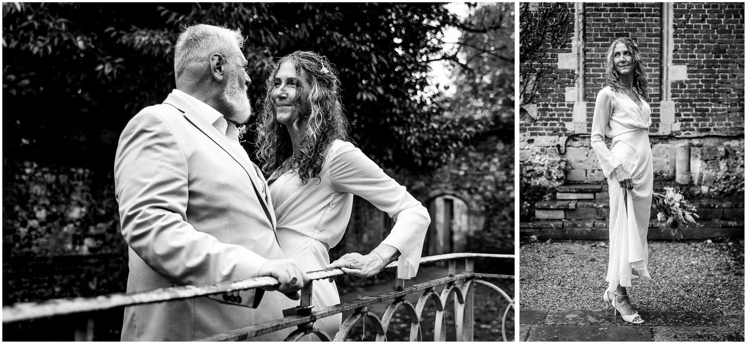 Black and white photo collage showing a romantic outdoor portrait and a casual pose against a brick wall in a garden setting.