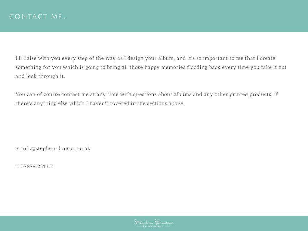 Seafoam green contact page section with white text showing contact information and details.