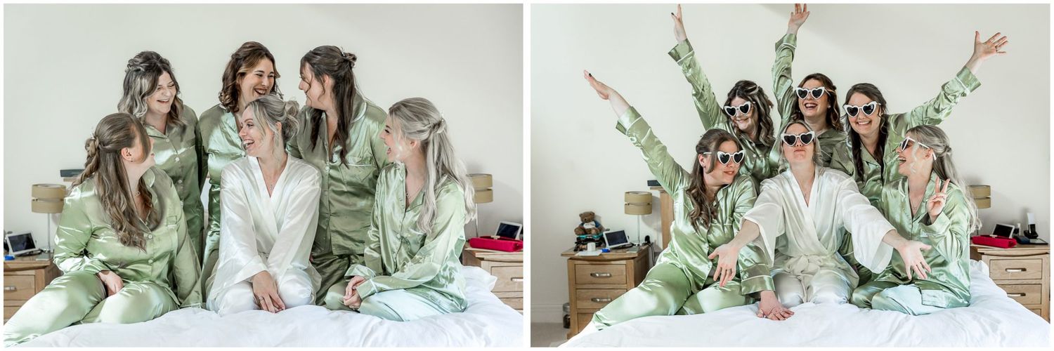 Wedding party in matching mint green robes posing together on a gray background.