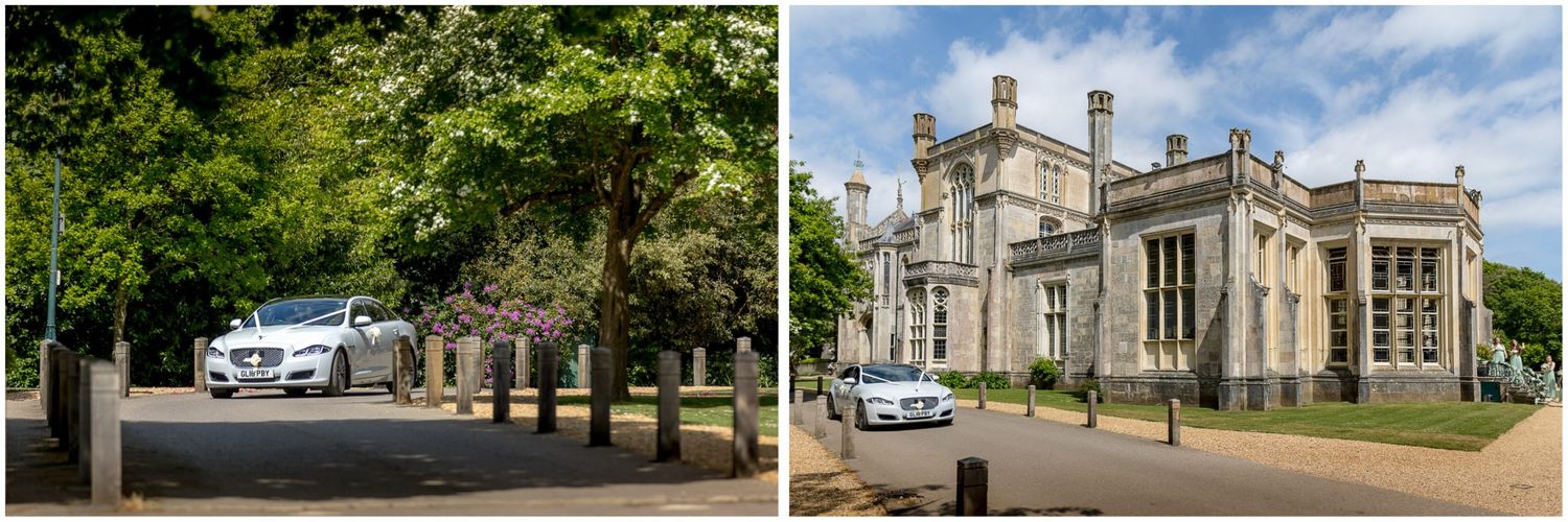 Panoramic view of a historic estate wedding venue with landscaped grounds and classical architecture.