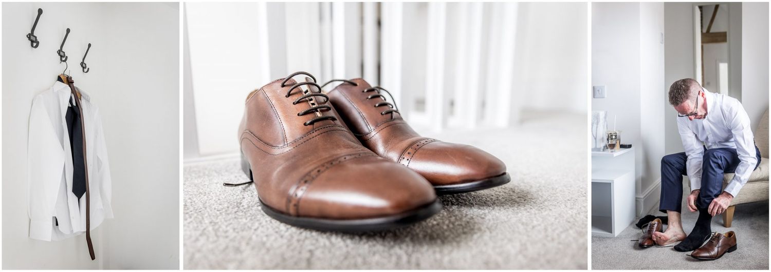 Groom's accessories including brown leather shoes, tie, and getting ready moments.