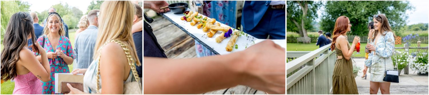 Casual moments and details from outdoor wedding reception with food and celebrations.